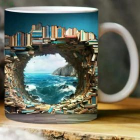 1pc, 11oz, Sturdy Ceramic Mug, 3D Bookshelf Sea in The Hole Design - Vibrant Printed Pattern, Microwave Safe, Ideal for