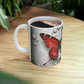1pc Butterfly Art Ceramic Mug - 11oz, White with Vibrant Butterfly Design, Microwave &