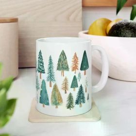Reusable Christmas Tree Watercolor Ceramic Mug - 11oz, Microwave & Dishwasher Safe, Perfect