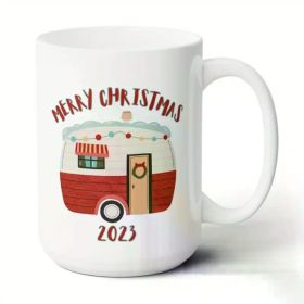 Christmas Camper Graphic Ceramic Coffee Mug, 2023 Holiday Theme, Reusable, Microwave Safe,