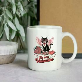 Whimsical "Le Mine Valentine" White Ceramic Coffee Mug with Pink Winged Cat Design - Dishwasher & Microwave