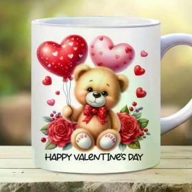 11oz Ceramic Teddy Bear Mug with Dual-Sided Valentine's Day Design - Ideal for Coffee & Tea, Microwave Safe, Hand